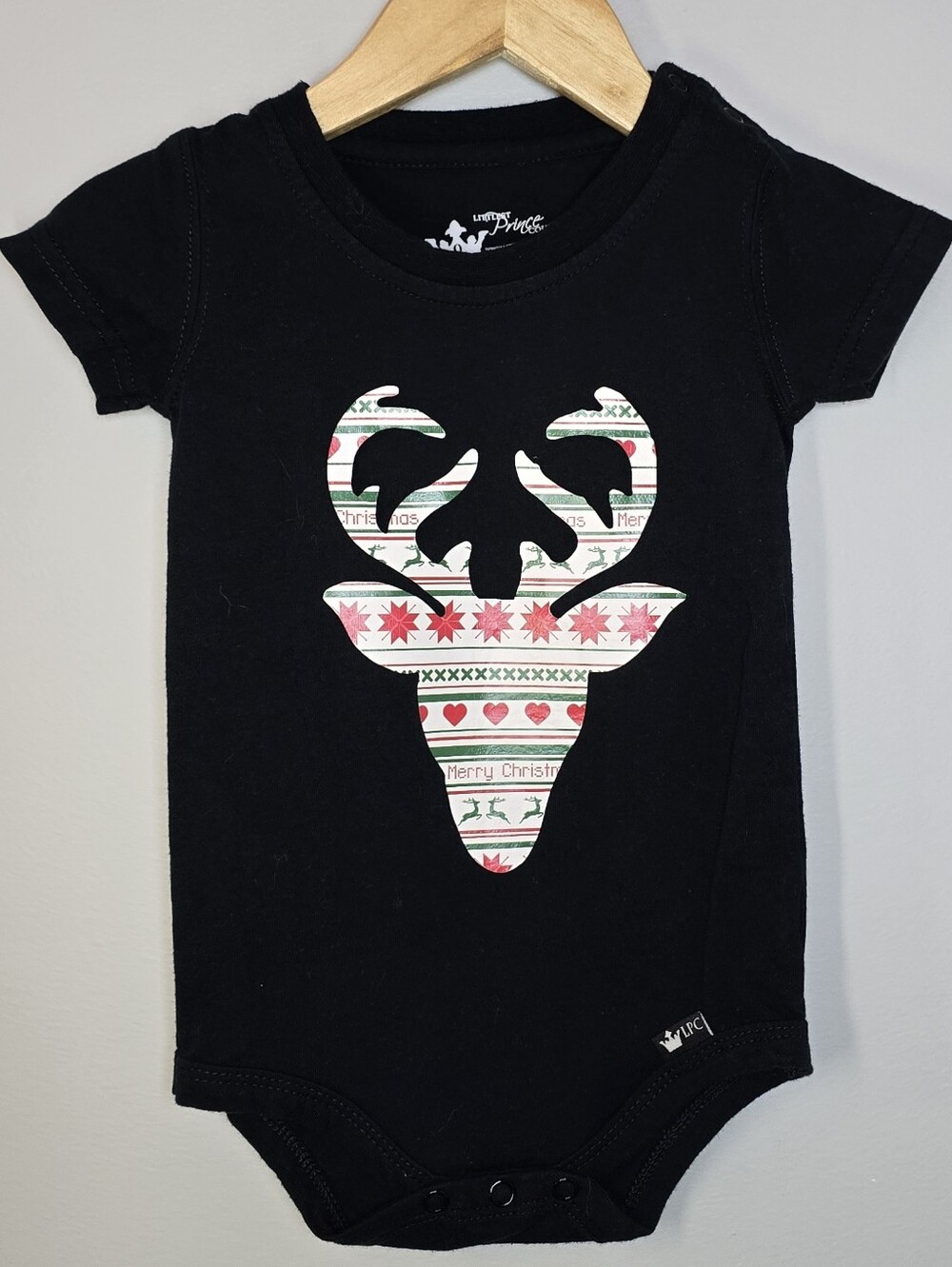 Black Festive Kids One-Piece Bodysuit with Reindeer Graphic Holiday
